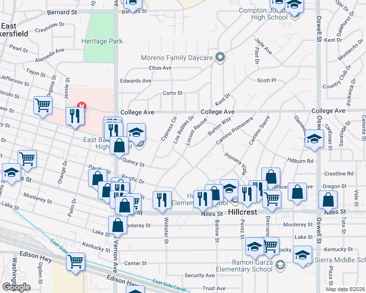 map of restaurants, bars, coffee shops, grocery stores, and more near 1705 Los Robles Drive in Bakersfield