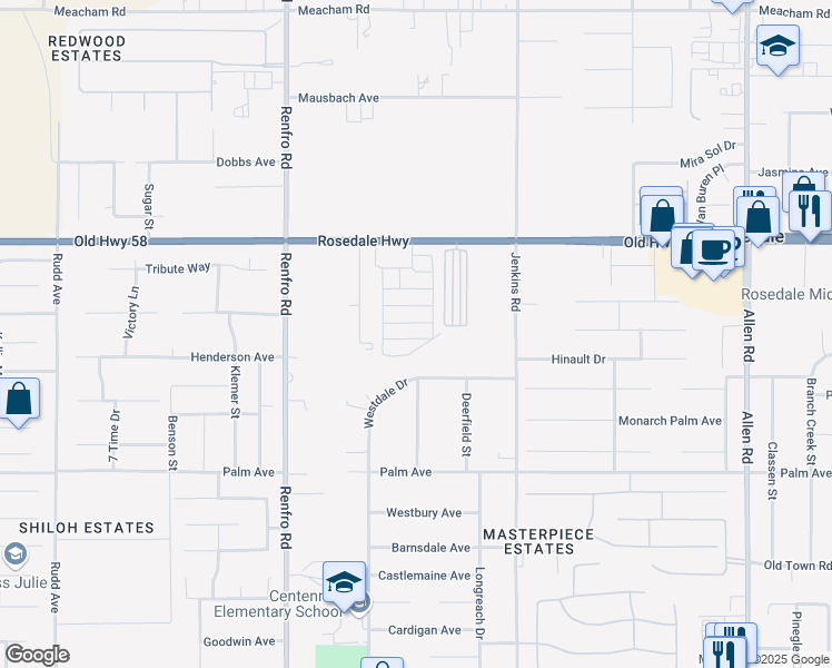 map of restaurants, bars, coffee shops, grocery stores, and more near 14035 Rosedale Highway in Bakersfield