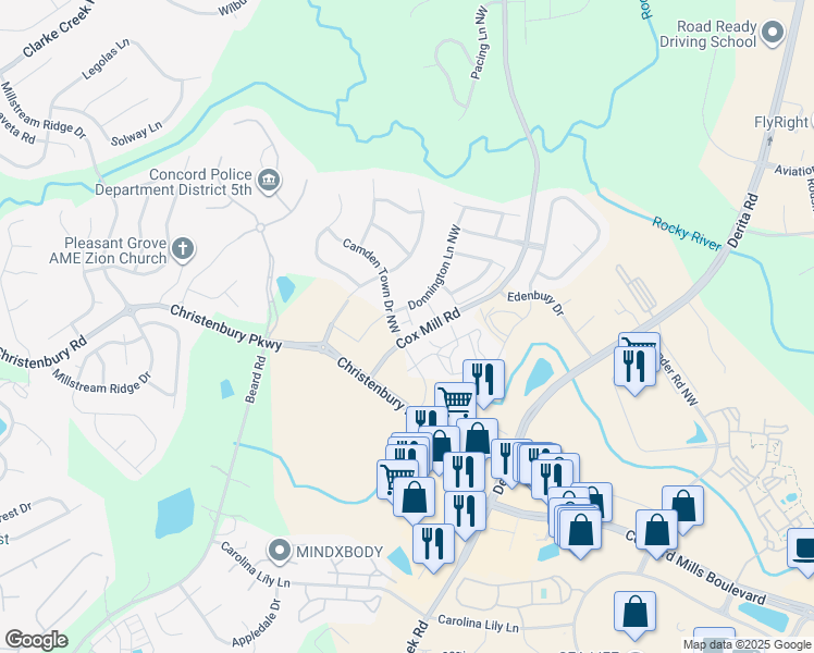 map of restaurants, bars, coffee shops, grocery stores, and more near 2345 Donnington Lane Northwest in Concord