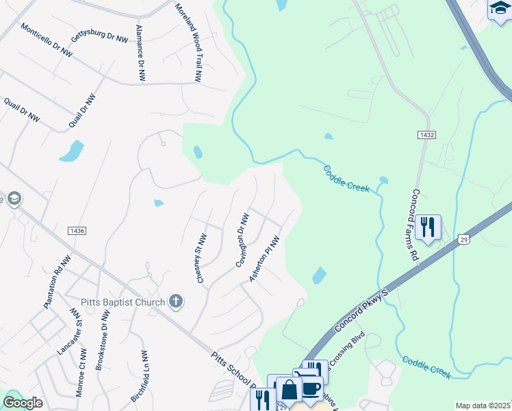 map of restaurants, bars, coffee shops, grocery stores, and more near 4788 Covington Drive Northwest in Concord