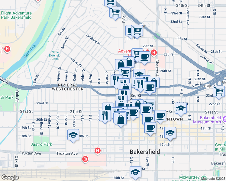 map of restaurants, bars, coffee shops, grocery stores, and more near 2301 E Street in Bakersfield