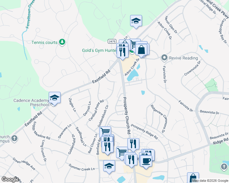 map of restaurants, bars, coffee shops, grocery stores, and more near 12640 Cardinal Point Road in Charlotte