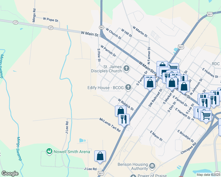 map of restaurants, bars, coffee shops, grocery stores, and more near 507 South McLamb Street in Benson