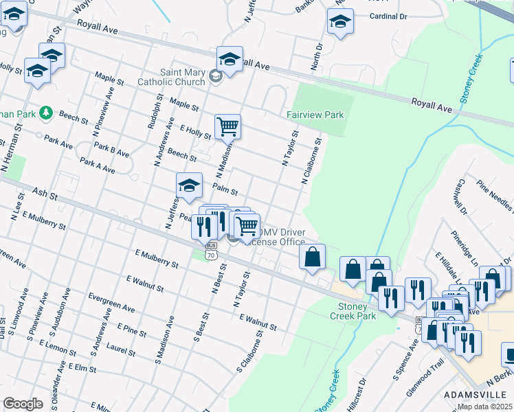 map of restaurants, bars, coffee shops, grocery stores, and more near 1806 Palm Street in Goldsboro