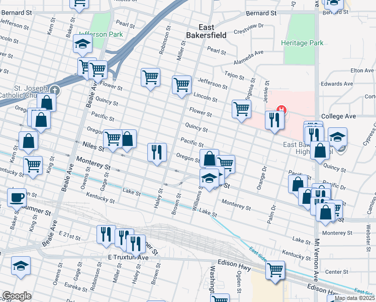 map of restaurants, bars, coffee shops, grocery stores, and more near 1432 Oregon Street in Bakersfield