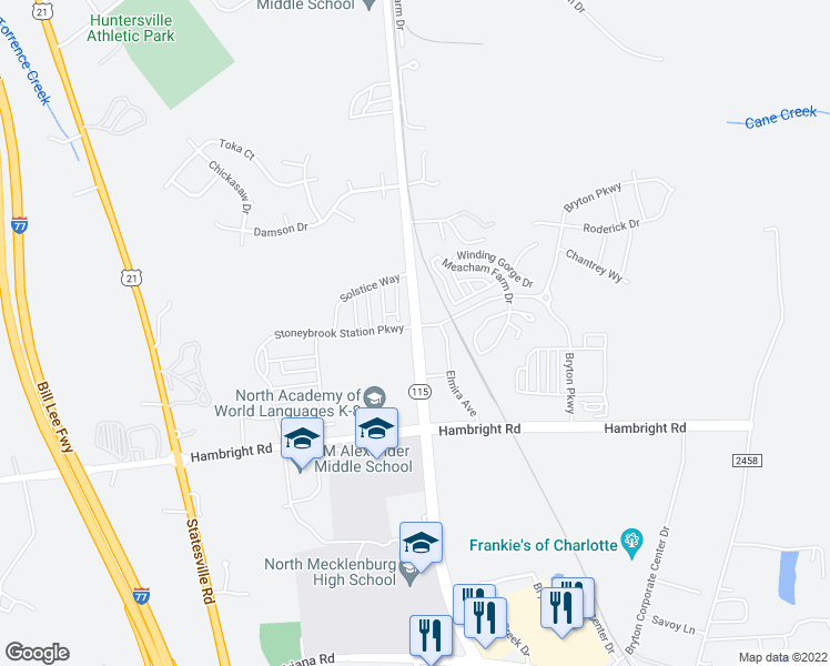 map of restaurants, bars, coffee shops, grocery stores, and more near 11919 Old Statesville Road in Huntersville