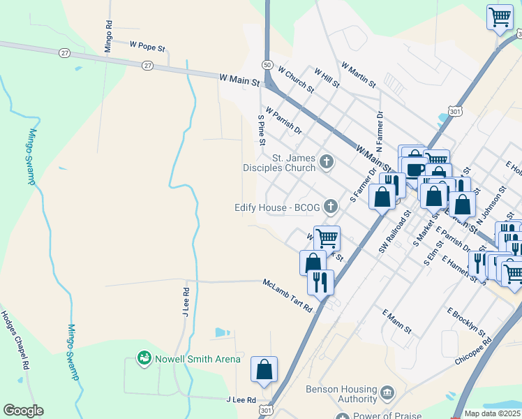 map of restaurants, bars, coffee shops, grocery stores, and more near 506 South Lincoln Street in Benson