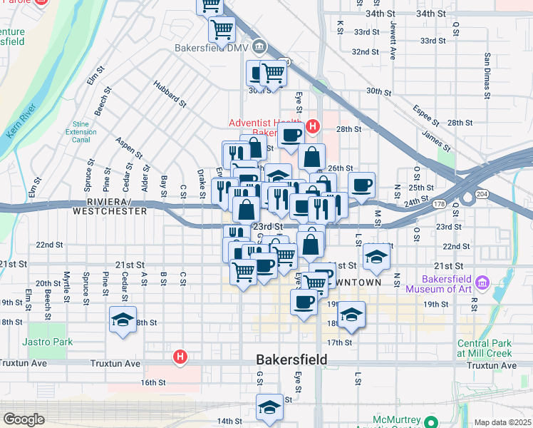map of restaurants, bars, coffee shops, grocery stores, and more near 1711 24th Street in Bakersfield