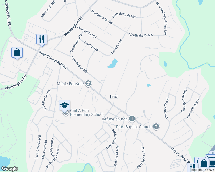 map of restaurants, bars, coffee shops, grocery stores, and more near 2450 Plantation Road Northwest in Concord