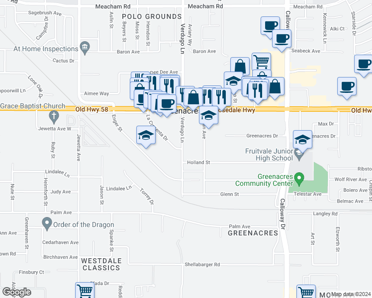 map of restaurants, bars, coffee shops, grocery stores, and more near 2210 Verdugo Lane in Bakersfield