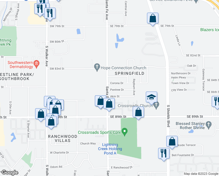 map of restaurants, bars, coffee shops, grocery stores, and more near 1 Pentree Drive in Oklahoma City