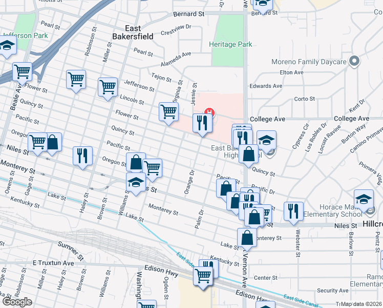 map of restaurants, bars, coffee shops, grocery stores, and more near 1871 Quincy Street in Bakersfield