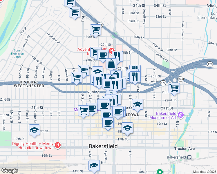 map of restaurants, bars, coffee shops, grocery stores, and more near 2305 Chester Avenue in Bakersfield