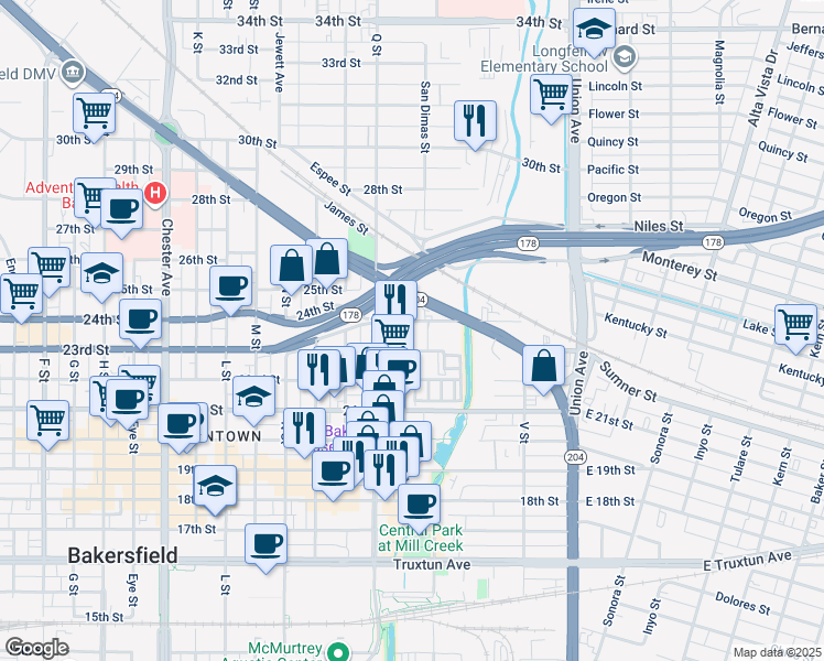 map of restaurants, bars, coffee shops, grocery stores, and more near 2300 R Street in Bakersfield
