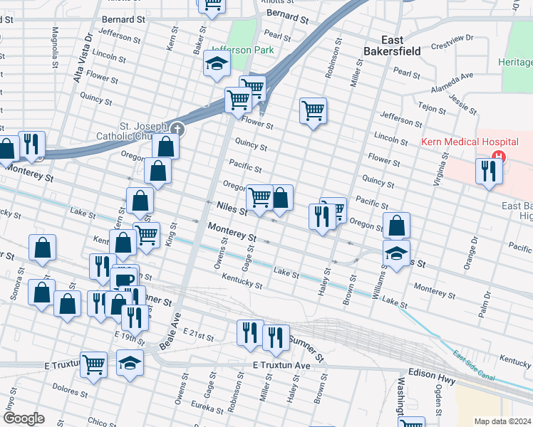 map of restaurants, bars, coffee shops, grocery stores, and more near 1104 Niles Street in Bakersfield