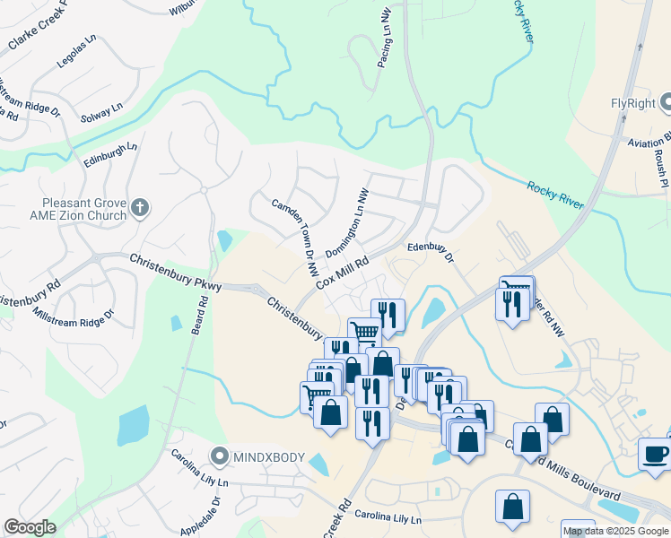 map of restaurants, bars, coffee shops, grocery stores, and more near 9599 Audley End Court Northwest in Concord
