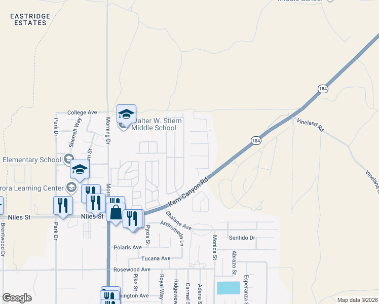 map of restaurants, bars, coffee shops, grocery stores, and more near 8702 Broadstone Place in Bakersfield