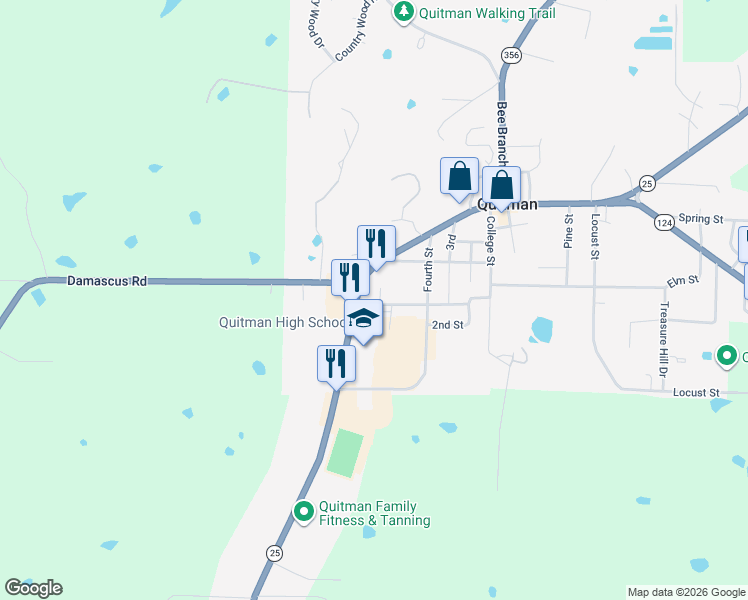 map of restaurants, bars, coffee shops, grocery stores, and more near 15 Walnut Street in Quitman