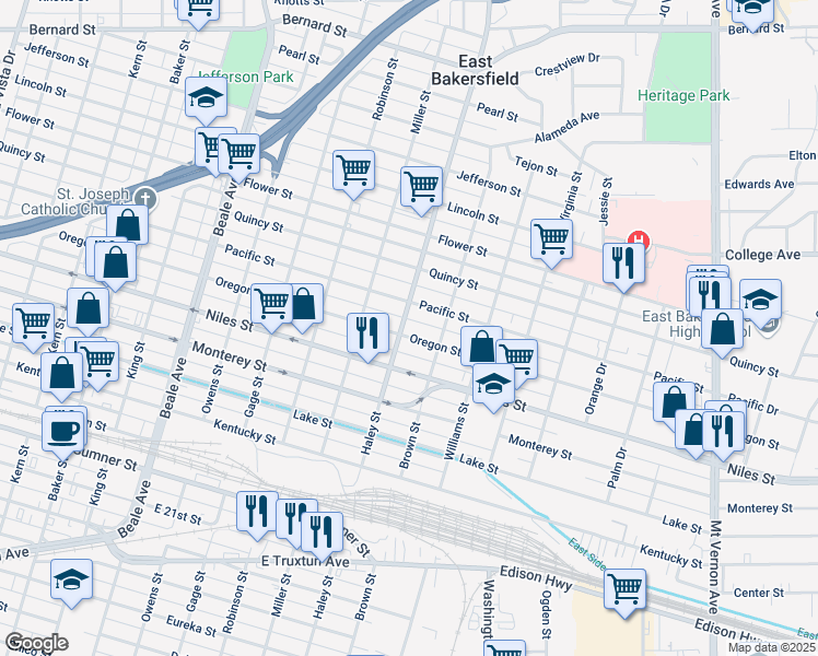 map of restaurants, bars, coffee shops, grocery stores, and more near 1330 Oregon Street in Bakersfield