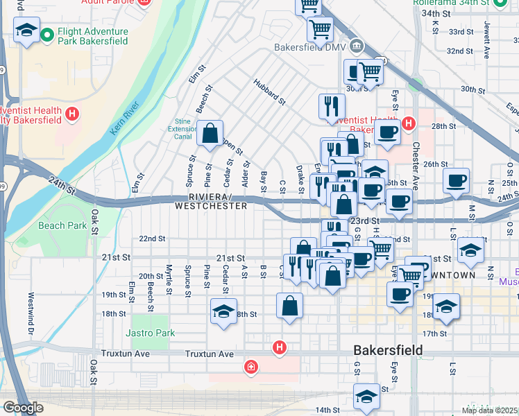 map of restaurants, bars, coffee shops, grocery stores, and more near 2310 B Street in Bakersfield