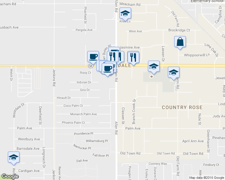 map of restaurants, bars, coffee shops, grocery stores, and more near 2320 Cullen Court in Bakersfield