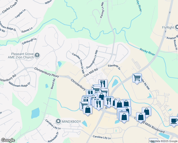 map of restaurants, bars, coffee shops, grocery stores, and more near 9599 Audley End Court Northwest in Concord
