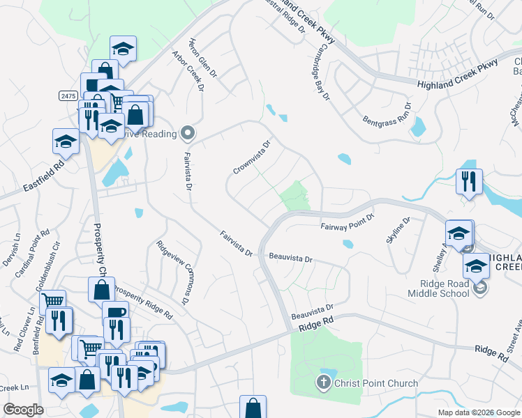 map of restaurants, bars, coffee shops, grocery stores, and more near 6402 Dawnmist Lane in Charlotte