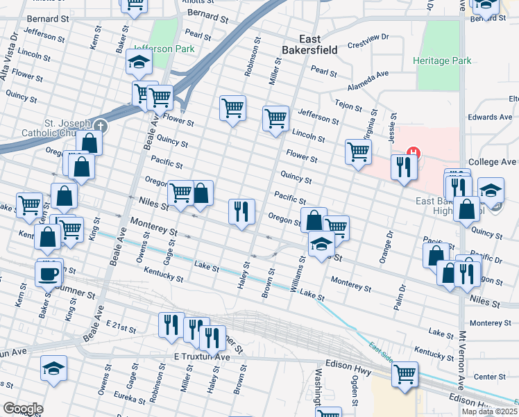 map of restaurants, bars, coffee shops, grocery stores, and more near 1330 Oregon Street in Bakersfield