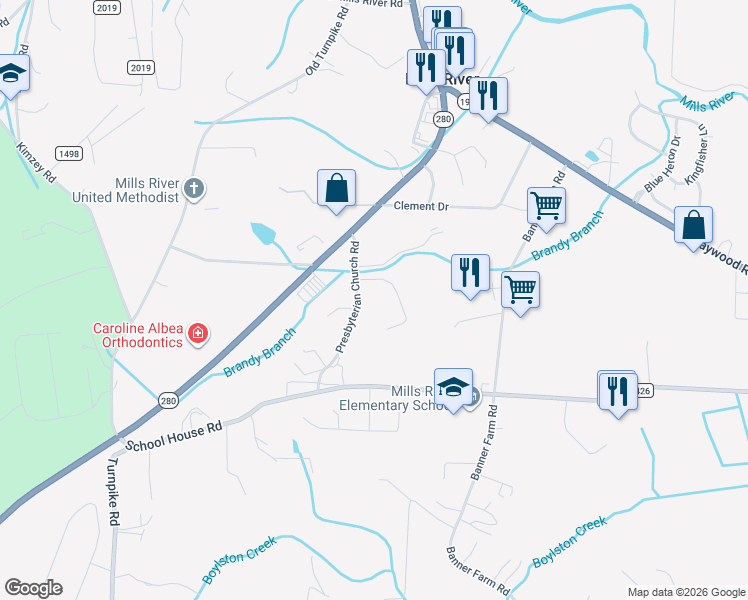 map of restaurants, bars, coffee shops, grocery stores, and more near 52 Presbyterian Church Road in Mills River