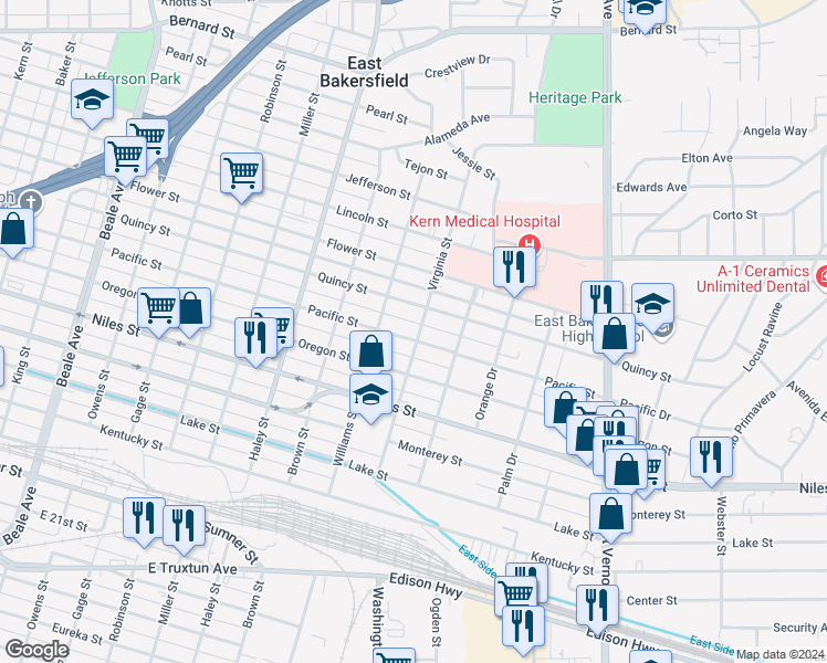 map of restaurants, bars, coffee shops, grocery stores, and more near 1632 Pacific Street in Bakersfield