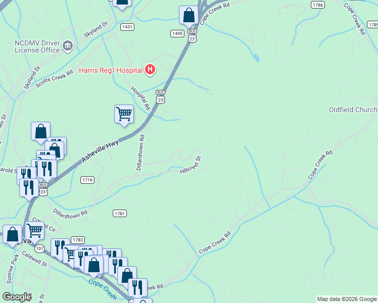 map of restaurants, bars, coffee shops, grocery stores, and more near 305 Hillcrest Street in Sylva