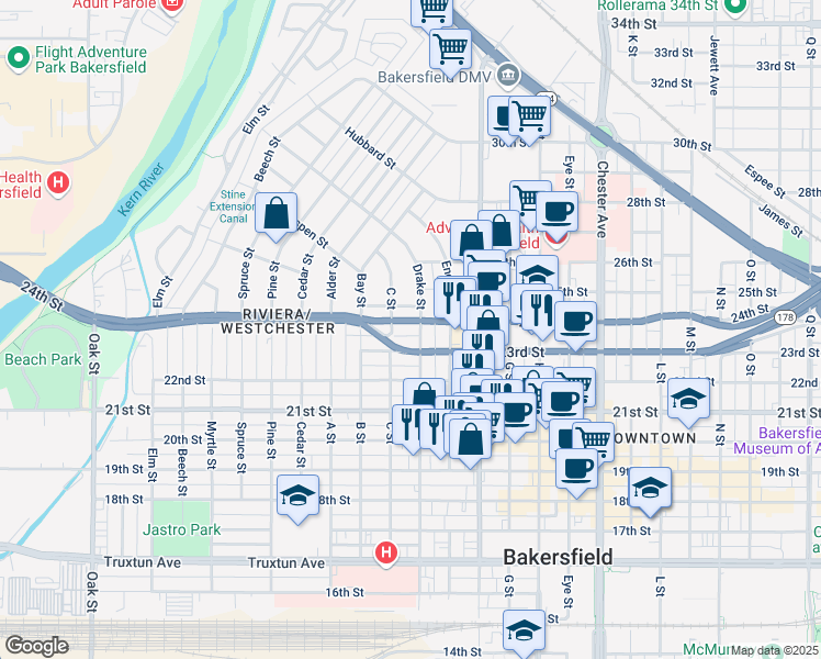 map of restaurants, bars, coffee shops, grocery stores, and more near 2130 23rd Street in Bakersfield