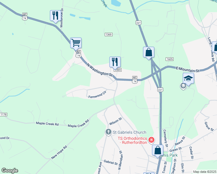 map of restaurants, bars, coffee shops, grocery stores, and more near 134 West Fernwood Drive in Rutherfordton