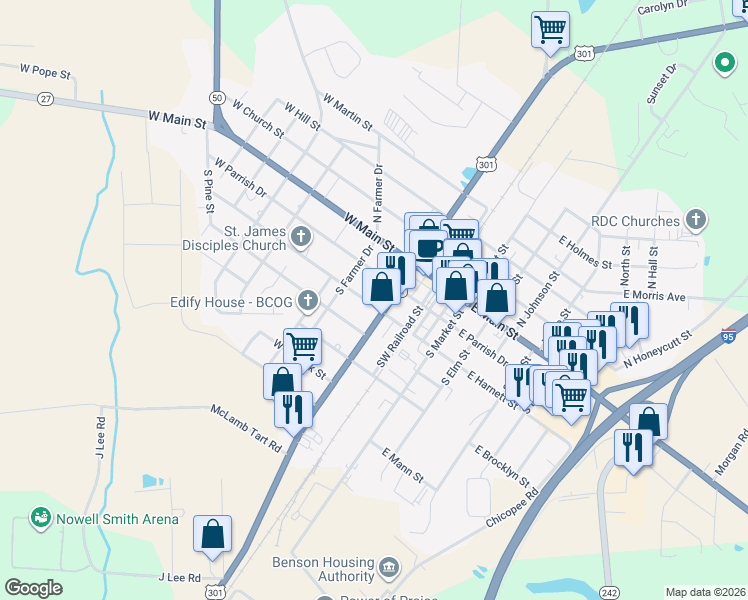 map of restaurants, bars, coffee shops, grocery stores, and more near 204 West Harnett Street in Benson