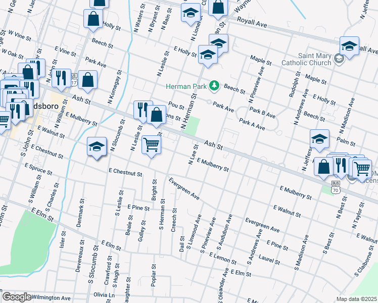 map of restaurants, bars, coffee shops, grocery stores, and more near 913 East Mulberry Street in Goldsboro
