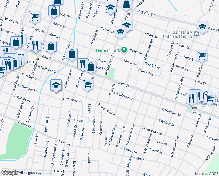 map of restaurants, bars, coffee shops, grocery stores, and more near 913 East Mulberry Street in Goldsboro