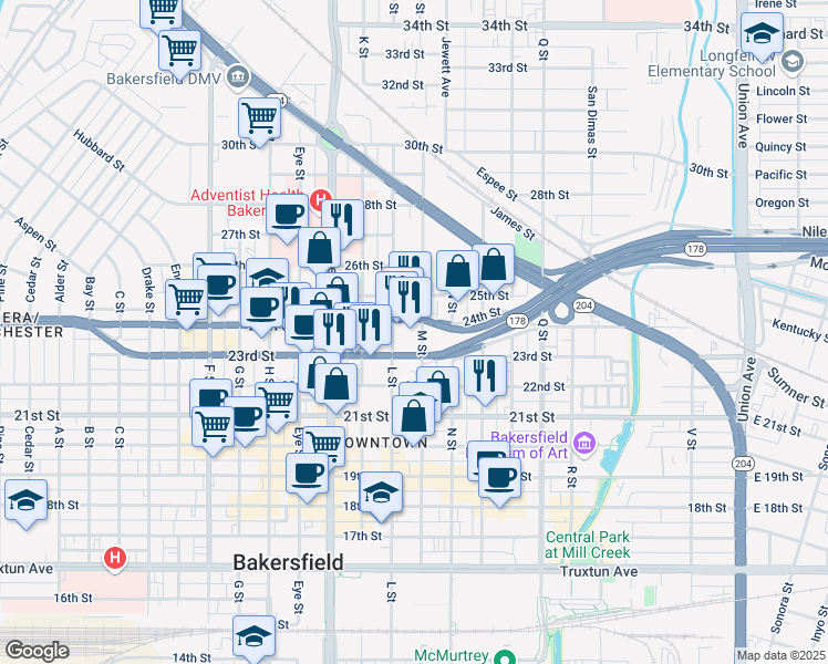 map of restaurants, bars, coffee shops, grocery stores, and more near 1201 24th Street in Bakersfield