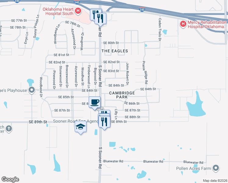 map of restaurants, bars, coffee shops, grocery stores, and more near 5704 Southeast 85th Street in Oklahoma City