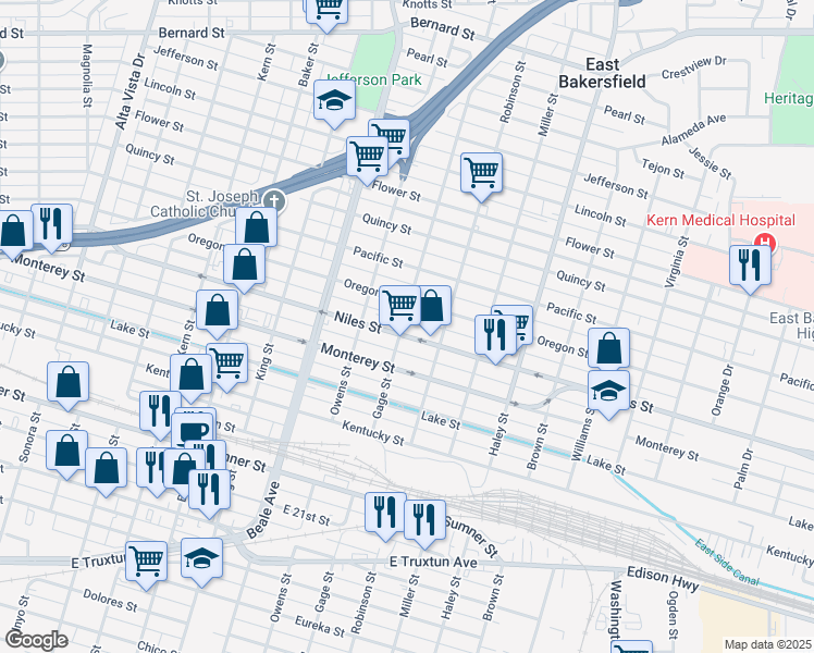 map of restaurants, bars, coffee shops, grocery stores, and more near 1104 Niles Street in Bakersfield