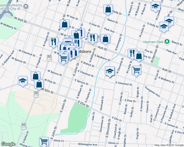 map of restaurants, bars, coffee shops, grocery stores, and more near 317 East Chestnut Street in Goldsboro