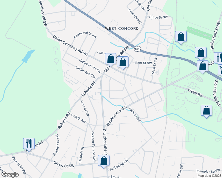 map of restaurants, bars, coffee shops, grocery stores, and more near 555 Splicewood Drive Southwest in Concord