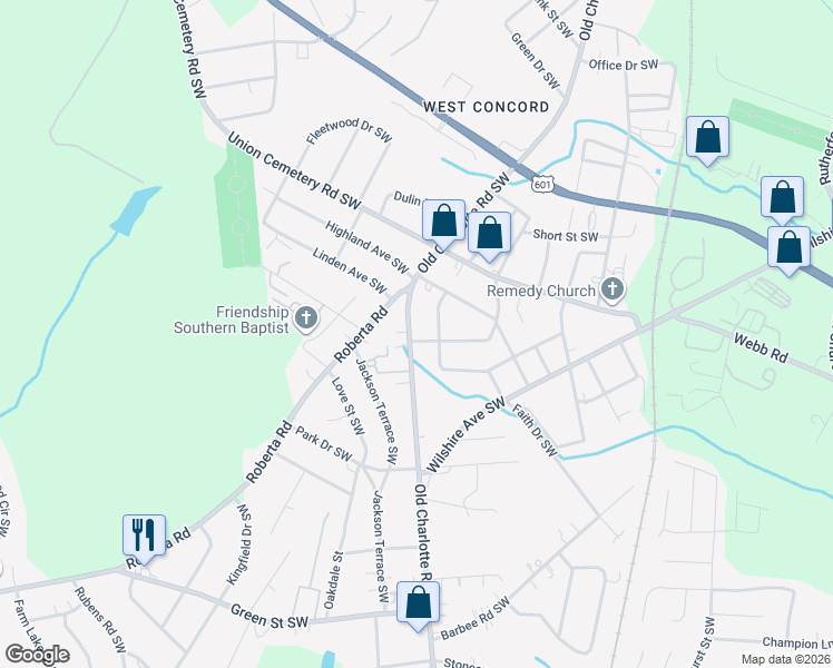 map of restaurants, bars, coffee shops, grocery stores, and more near 599 Splicewood Drive Southwest in Concord