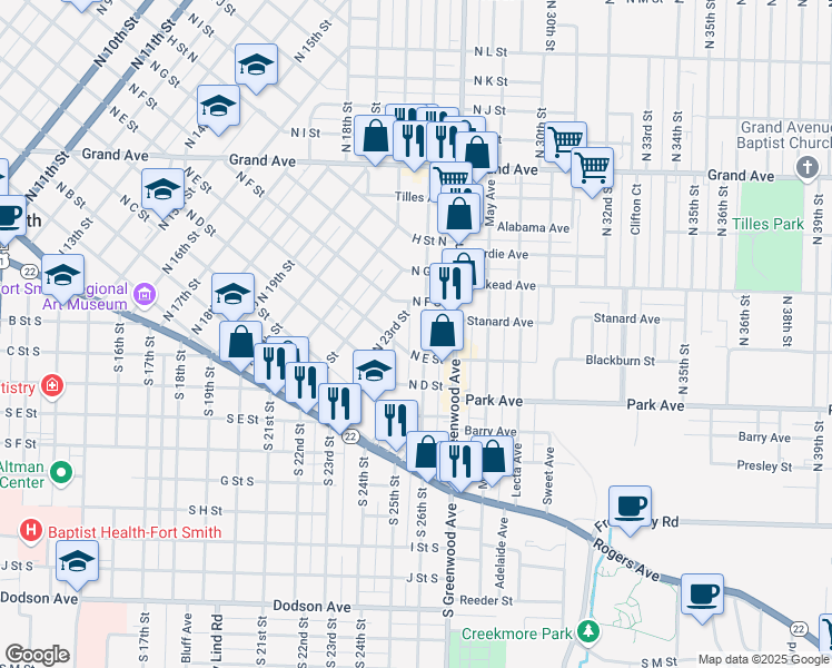 map of restaurants, bars, coffee shops, grocery stores, and more near 502 North 25th Street in Fort Smith