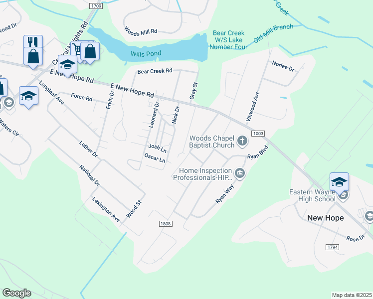 map of restaurants, bars, coffee shops, grocery stores, and more near 210 South Douglas Street in Goldsboro