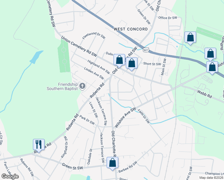 map of restaurants, bars, coffee shops, grocery stores, and more near 599 Splicewood Drive Southwest in Concord