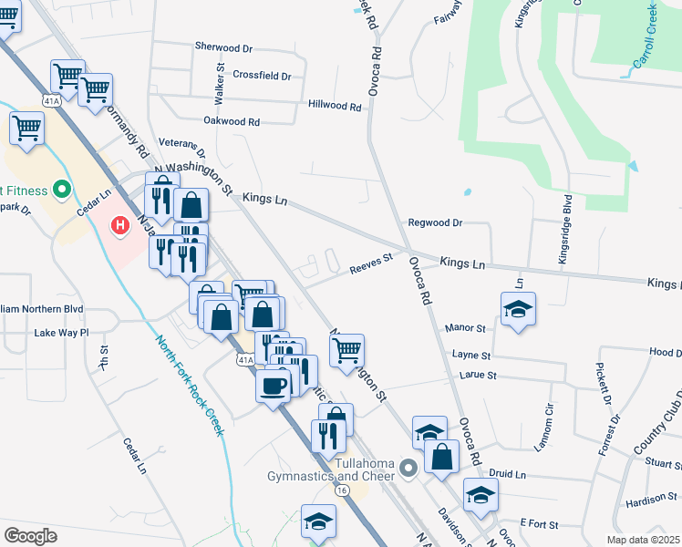 map of restaurants, bars, coffee shops, grocery stores, and more near 210 Reeves Street in Tullahoma