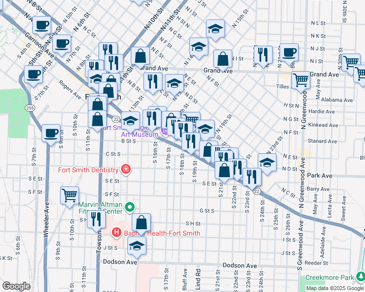 map of restaurants, bars, coffee shops, grocery stores, and more near 1700 Rogers Avenue in Fort Smith