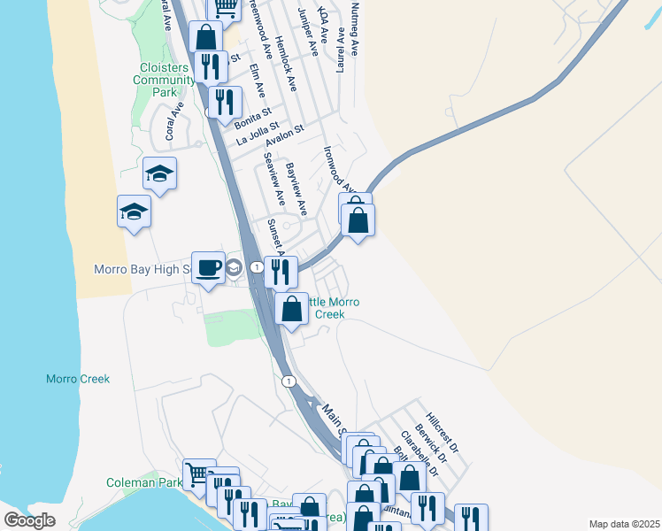 map of restaurants, bars, coffee shops, grocery stores, and more near 500 Atascadero in Morro Bay