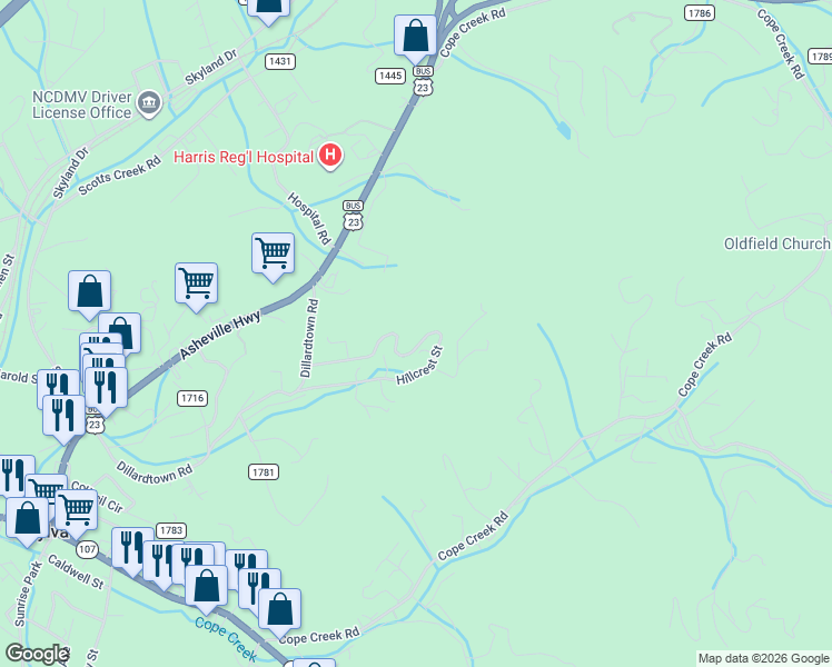 map of restaurants, bars, coffee shops, grocery stores, and more near 305 Hillcrest Street in Sylva