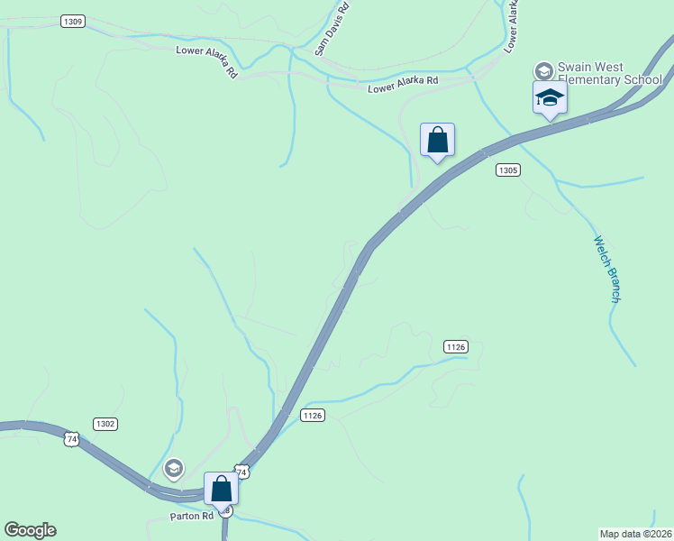 map of restaurants, bars, coffee shops, grocery stores, and more near 65 Cunningham Road in Bryson City